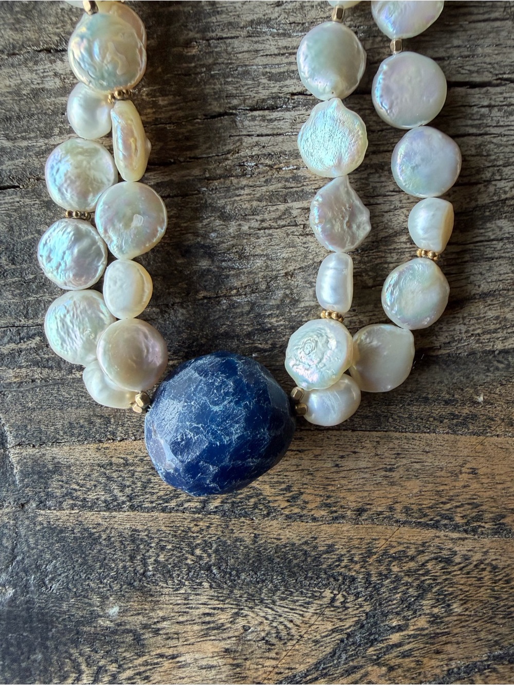 Natural White Coin Pearl Necklace with Sodalite Pendant - Picture 3 of 3
